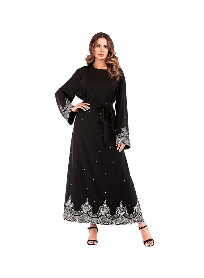 Print Pattern Long Sleeve Maxi Kaftan Dress Black