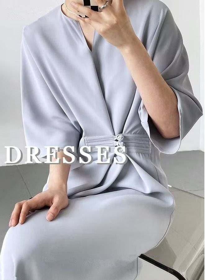 Women's Dress Straight Version New Chinese Style Improved Long Skirt with Advanced Knot Button Waist Tie Dignified and Concise