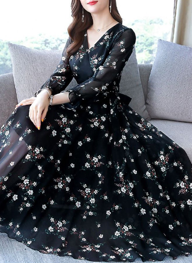 A Line V Neck Long Sleeve Midi Dress Black