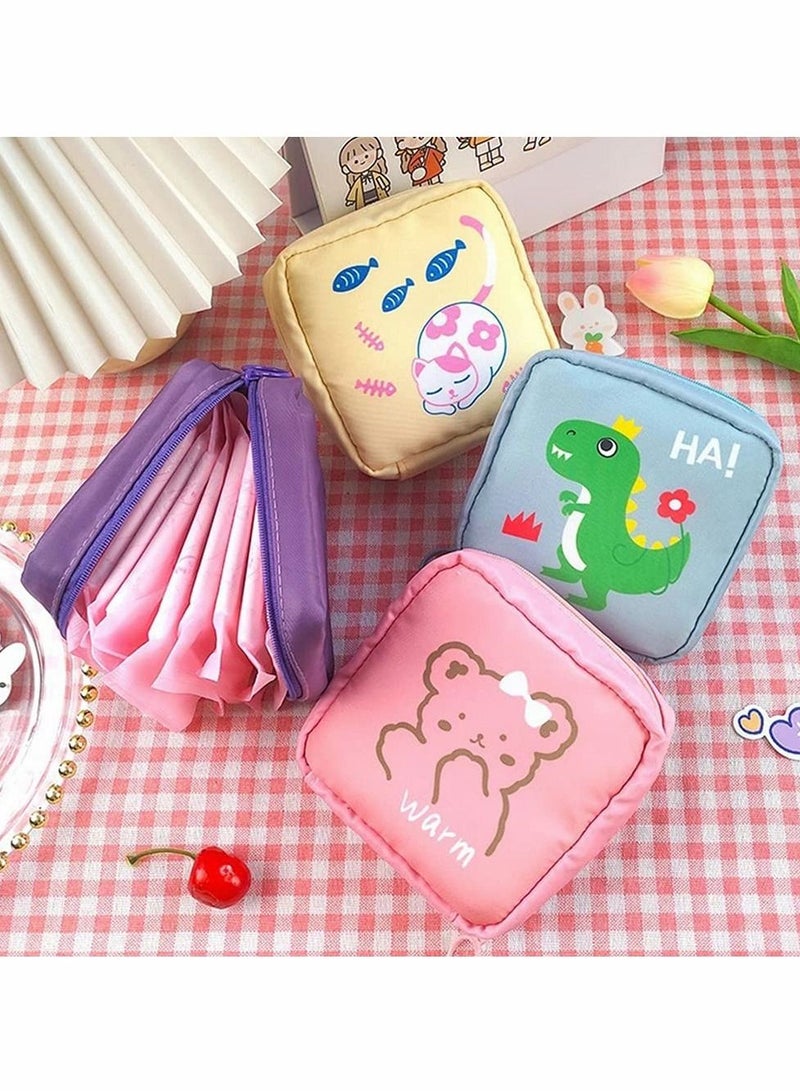 Sanitary Napkin Storage Bag 4pcs Menstrual Pad Bag Zipper Napkins Bag Menstrual Cup Pouch Cotton Bag for Women and Girls Kitten Bear Dinosaur Rabbit