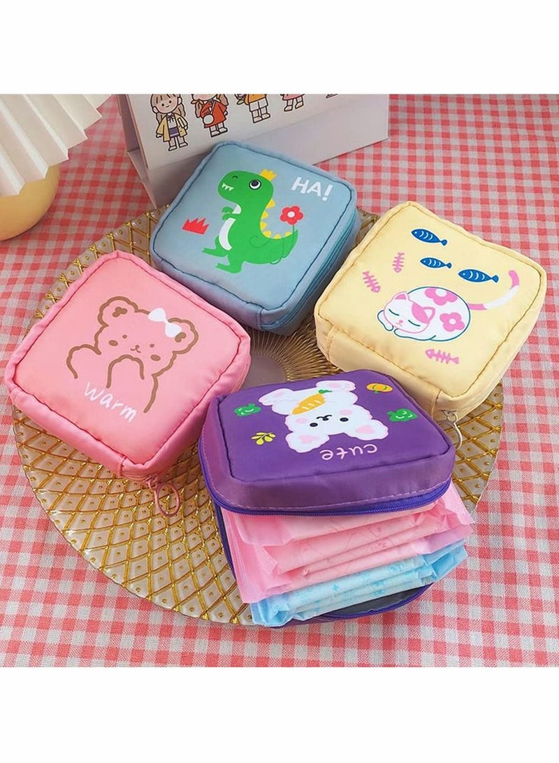 Sanitary Napkin Storage Bag 4pcs Menstrual Pad Bag Zipper Napkins Bag Menstrual Cup Pouch Cotton Bag for Women and Girls Kitten Bear Dinosaur Rabbit