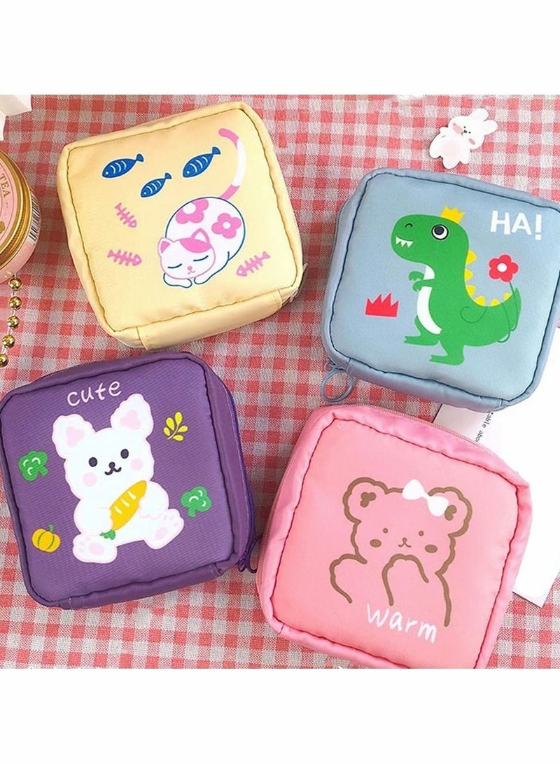 Sanitary Napkin Storage Bag 4pcs Menstrual Pad Bag Zipper Napkins Bag Menstrual Cup Pouch Cotton Bag for Women and Girls Kitten Bear Dinosaur Rabbit