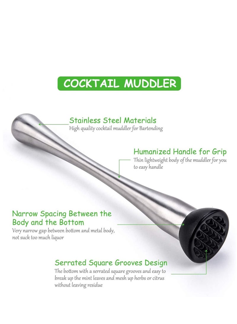 Cocktail Bar Tools, 4 Pack Stainless Mixing Spoon Double Jigger Ice Muddler Lemon Fruit Grater Strainer