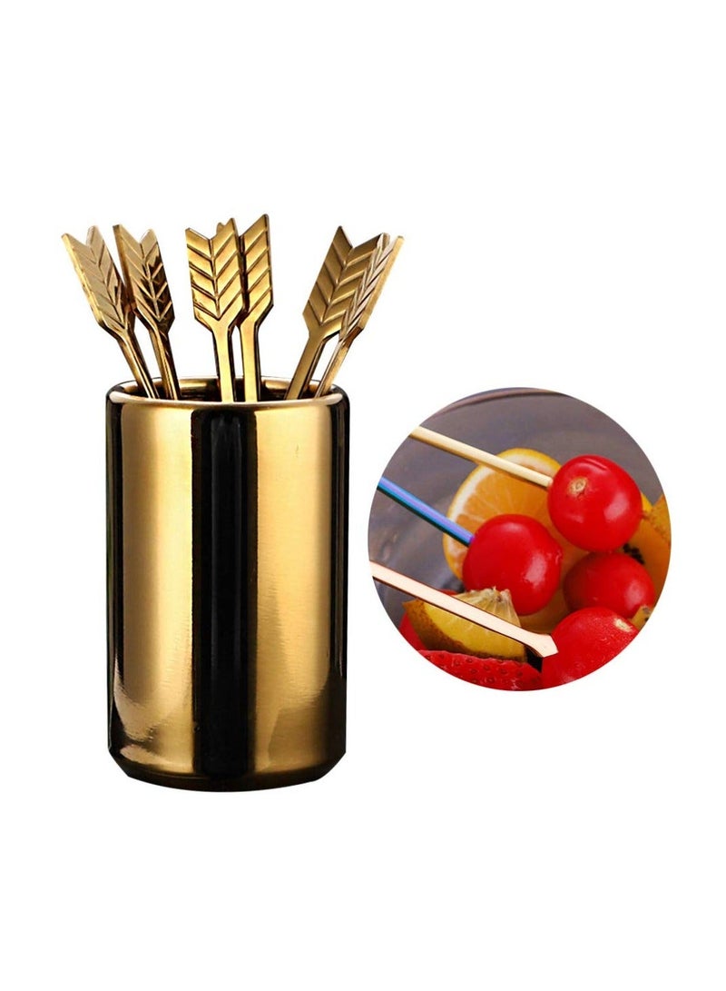 5PCS Arrow Decor Cocktail Picks, Fruit Toothpicks Stainless Steel Forks Appetizer Skewers Dessert Picks with Storage Cylinder Reusable Sandwich Sticks for Party Decoration Supplies (Golden)