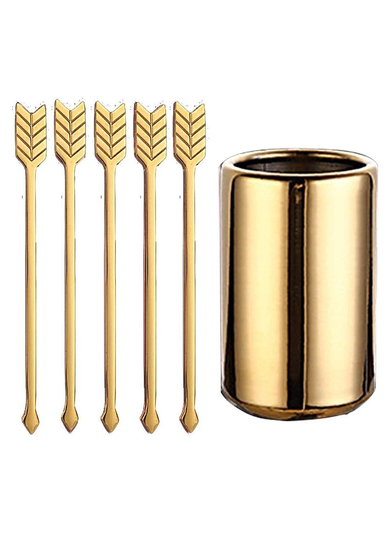 5PCS Arrow Decor Cocktail Picks, Fruit Toothpicks Stainless Steel Forks Appetizer Skewers Dessert Picks with Storage Cylinder Reusable Sandwich Sticks for Party Decoration Supplies (Golden)