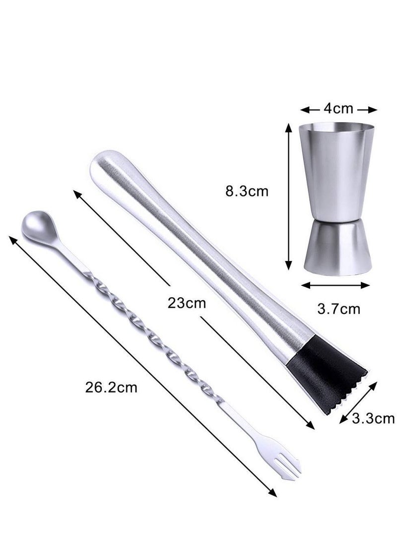 Stainless Steel Muddler for Cocktails with Mixing Spoon Jigger, Professional Bar Tools Milk Tea Shop Coffee and Home