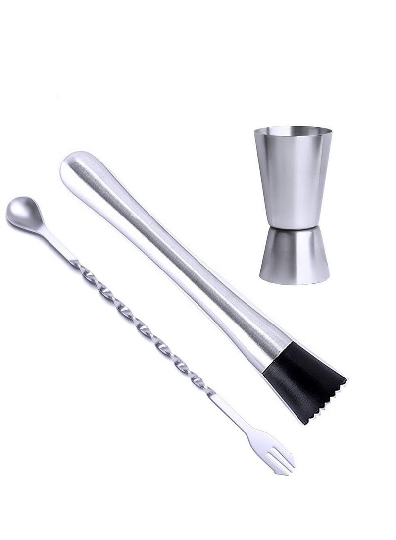Stainless Steel Muddler for Cocktails with Mixing Spoon Jigger, Professional Bar Tools Milk Tea Shop Coffee and Home