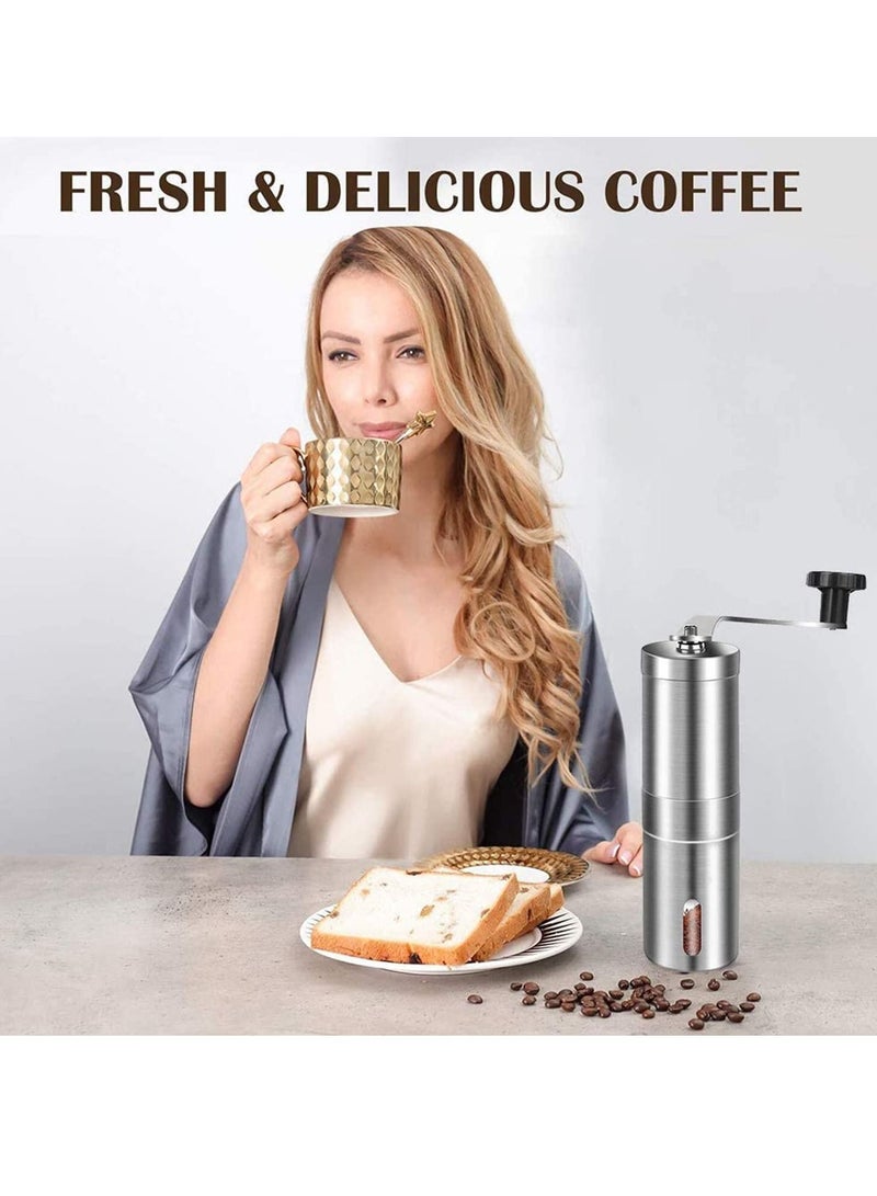 Manual Coffee Grinder, Stainless Steel Grinder with Adjustable Ceramic Conical Burr, Ideal for Home, Office, and Travelling, Come With A Spices Brush