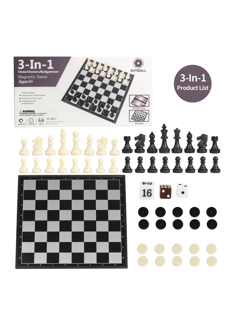 3 in 1 Magnetic Travel Chess Checkers Backgammon Set 12.5