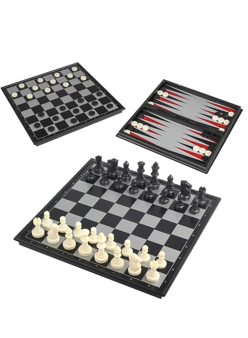 3 in 1 Magnetic Travel Chess Checkers Backgammon Set 12.5
