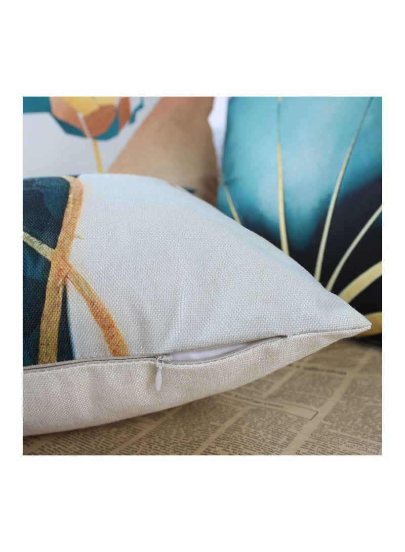 Decorative Cushion Covers, 4 Pcs 45 x Linen Leaves Throw Pillow Cases Gold Teal Farmhouse Natural Covers 18x18 Sofa Cushions Modern Living Room Outdoor Garden