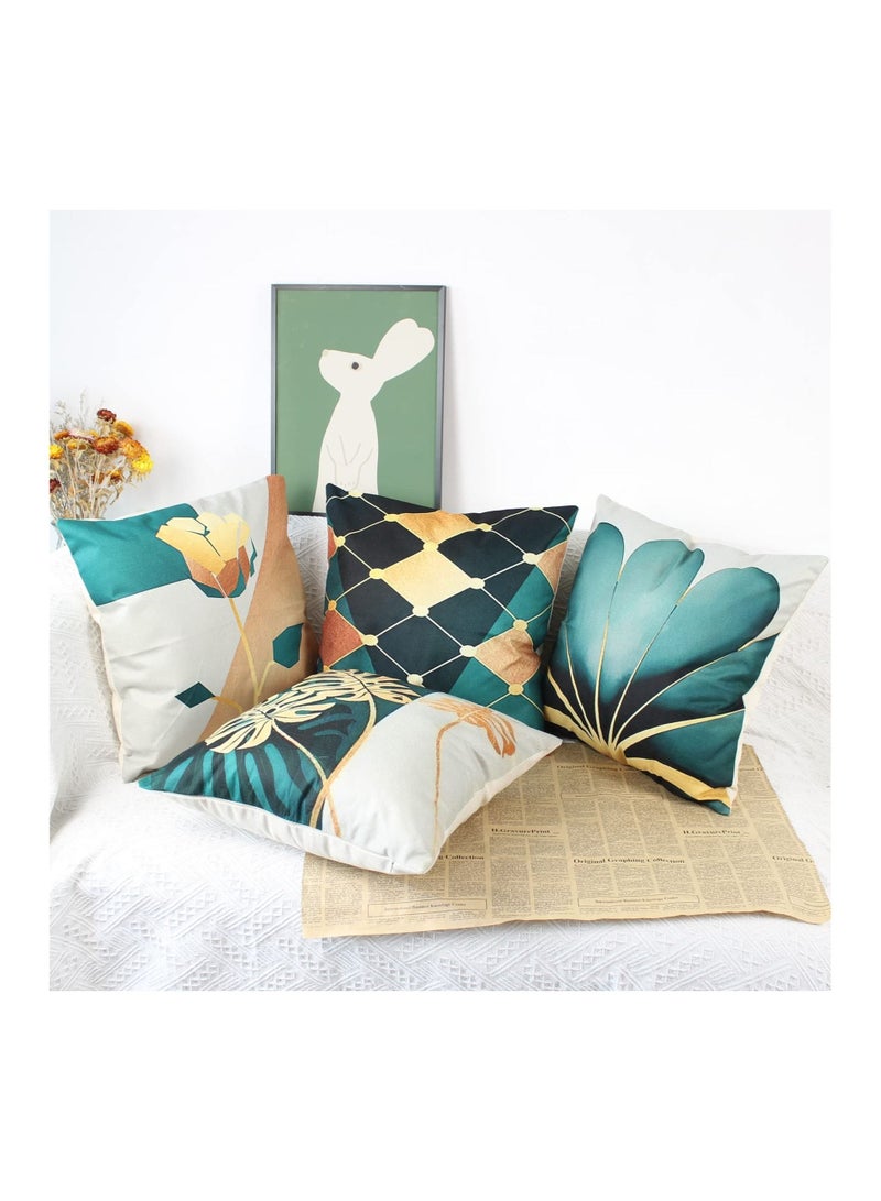 Decorative Cushion Covers, 4 Pcs 45 x Linen Leaves Throw Pillow Cases Gold Teal Farmhouse Natural Covers 18x18 Sofa Cushions Modern Living Room Outdoor Garden