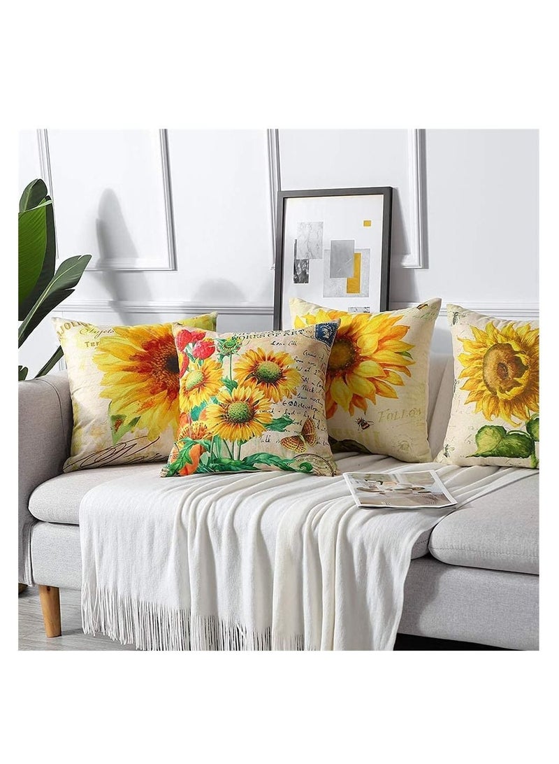 4 Pack Throw Pillow Covers Decorative Linen Pillowcase Sunflower Pattern Waterproof Cushion Perfect to Outdoor Patio Garden Living Room Sofa Farmhouse Decor