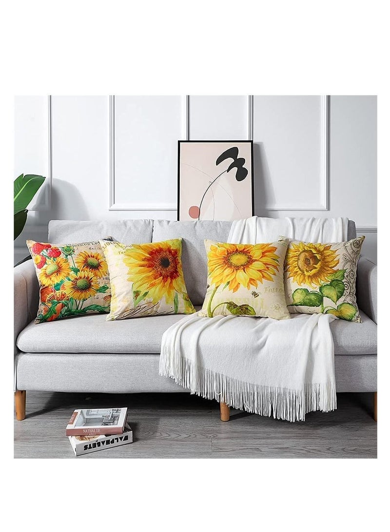 4 Pack Throw Pillow Covers Decorative Linen Pillowcase Sunflower Pattern Waterproof Cushion Perfect to Outdoor Patio Garden Living Room Sofa Farmhouse Decor