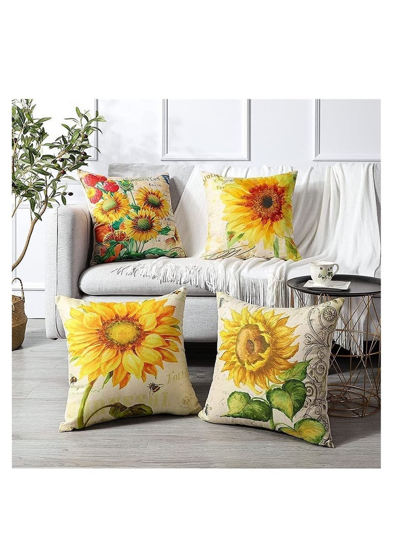 4 Pack Throw Pillow Covers Decorative Linen Pillowcase Sunflower Pattern Waterproof Cushion Perfect to Outdoor Patio Garden Living Room Sofa Farmhouse Decor