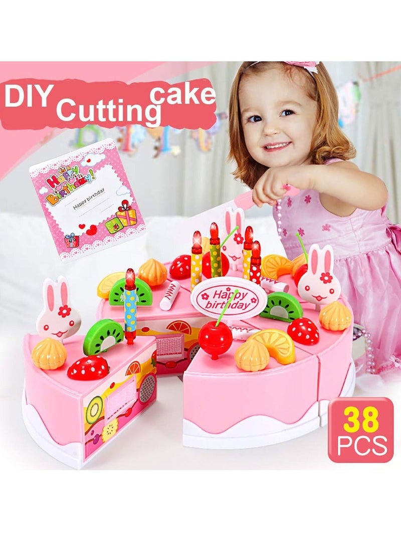 SYOSI A Set of 38pcs Birthday Cake Cutting Toys Learning Kitchen for Girls and Boys with Candles Plates Forks Party Playset Pretend Food Sets Kids