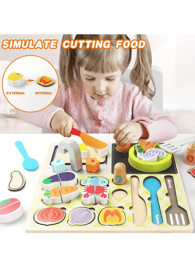 SYOSI Wooden Puzzles for Kids, Play Kitchen Set Cutting Food Kids 1 2 3 Year Old Boys Girls, Birthday Gifts Girls Montessori Puzzle Learning Toy