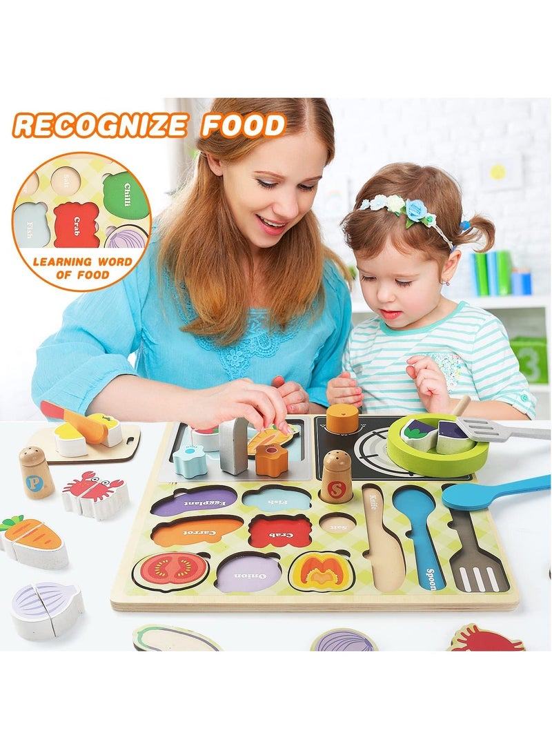 SYOSI Wooden Puzzles for Kids, Play Kitchen Set Cutting Food Kids 1 2 3 Year Old Boys Girls, Birthday Gifts Girls Montessori Puzzle Learning Toy