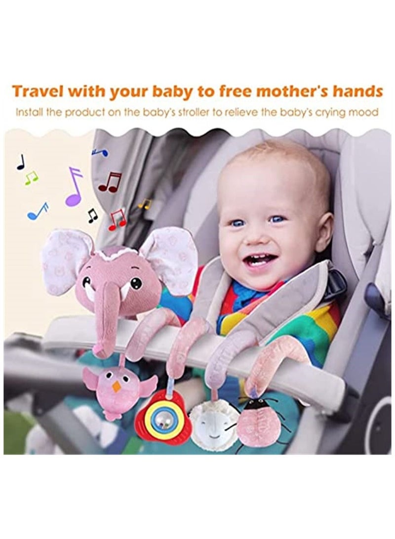 Baby Stroller Toys, Car Seat Toys for Infants, Crib Rattles Learning Hanging Sensory Development Spiral Plush with Music Squeaker,