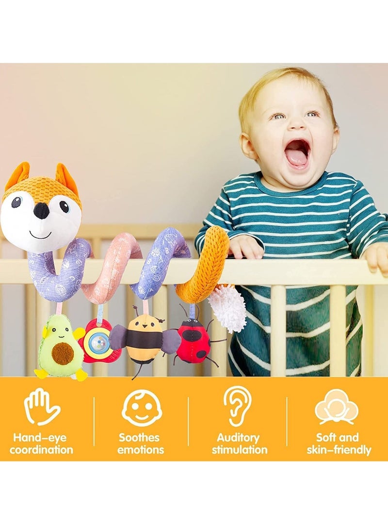 Car Seat Toys, Spiral Activity Toy Infant Baby Orange Fox Plush Hanging Toys for Stroller Bar Crib Bassinet Mobile with Music Box BB Squeaker and Rattles（Orange）