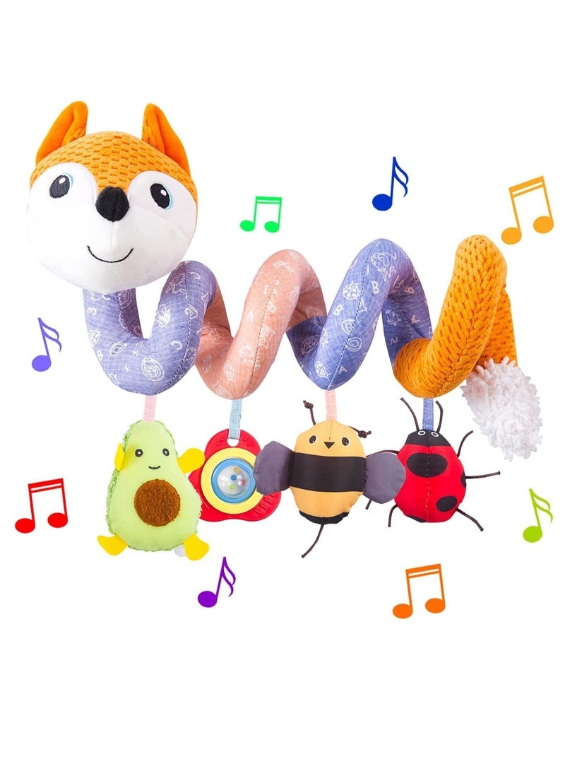 Car Seat Toys, Spiral Activity Toy Infant Baby Orange Fox Plush Hanging Toys for Stroller Bar Crib Bassinet Mobile with Music Box BB Squeaker and Rattles（Orange）