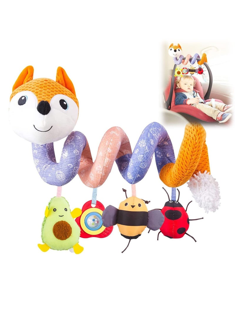 Car Seat Toys, Spiral Activity Toy Infant Baby Orange Fox Plush Hanging Toys for Stroller Bar Crib Bassinet Mobile with Music Box BB Squeaker and Rattles（Orange）