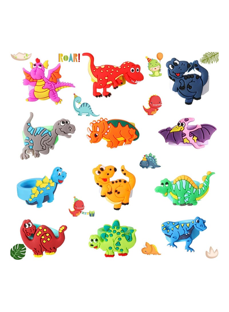 Dinosaur Rubber Rings, Toys Prizes Gift Carnivals Party Favors Cupcake Topper for Kids Boys Birthday Favor Supplies Goodie Bag Fillers (12 Pcs)