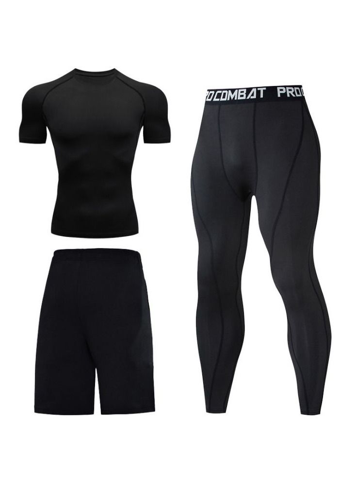 3-Piece Running Fitness Suit, Tight Short Sleeves, Pants, Sports Shorts
