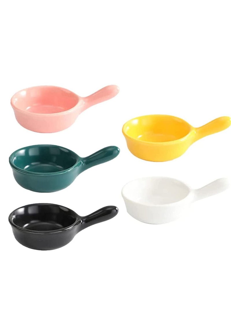 Ceramic Sauce Dishes Chip & Dip Sets Colorful Mini Bowl Set Ketchup Side Dish Tableware Condiment Relish Plate Seasoning Soy Stackable Ramekins with Grip Handle (Colorful 5 Pcs)