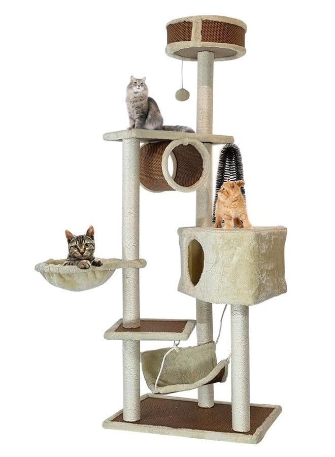 Cat tree Tower Indoor Multiple-level cat houses toys for your kittens, cats with Sisal Post, hammock, cat tree with grooming brush and cave, beige color (156cm height)