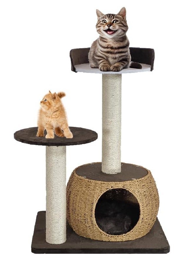Cat tree tower, with basket, with soft cushion and scratching post, meow mansion, cat basket, paw retreat, chocolate color cat tree (86 cm height)