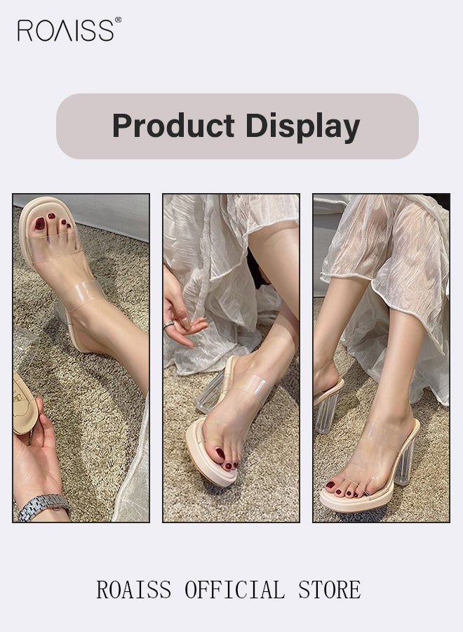 Women High Heels with Transparent One Strap Design Thick Heel High Heel Slippers Fashionable and Versatile for Daily Commuting