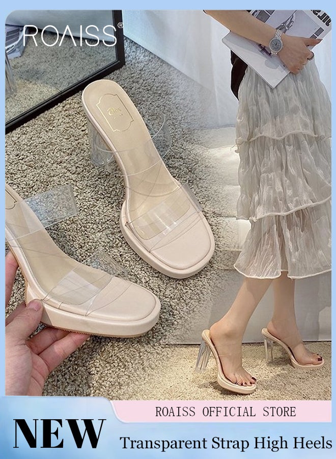 Women High Heels with Transparent One Strap Design Thick Heel High Heel Slippers Fashionable and Versatile for Daily Commuting