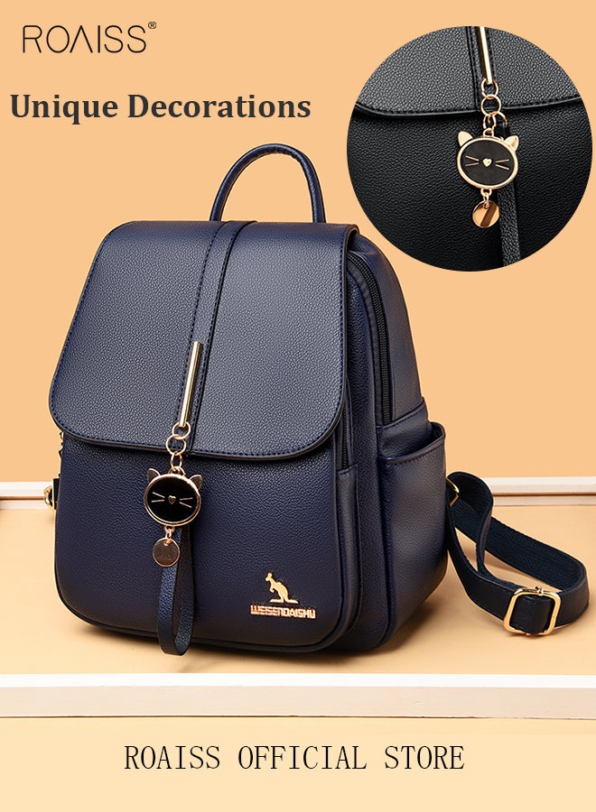 Women Leather Backpack with Cowhide Pattern Creative Cat Decoration Fashionable Travel Bag Short Distance Luggage Bag