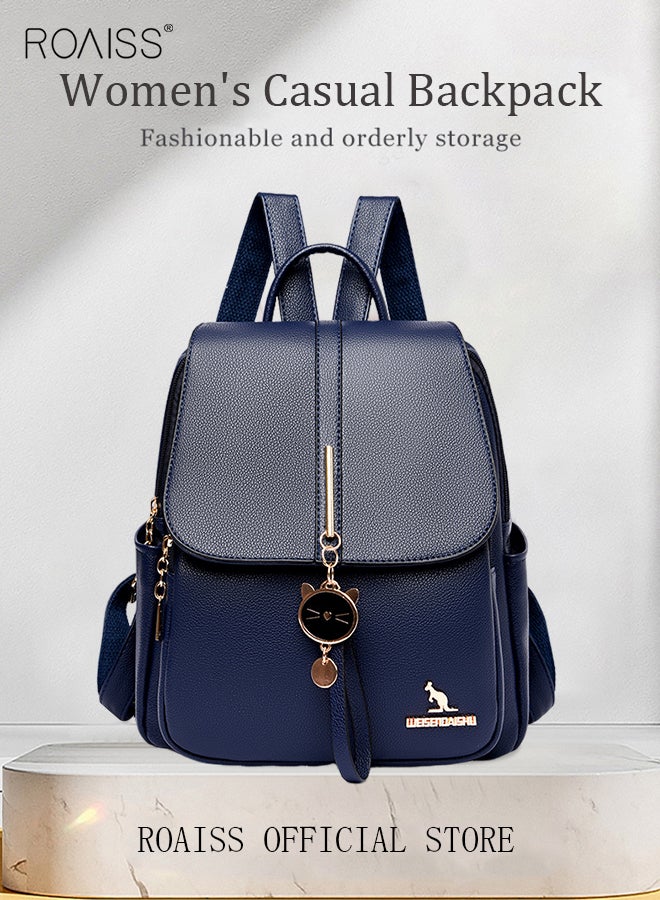 Women Leather Backpack with Cowhide Pattern Creative Cat Decoration Fashionable Travel Bag Short Distance Luggage Bag