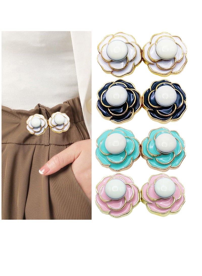 8 Sets Pant Waist Tightener for Rose Petals - Detachable Adjustable Jean Button Buckle Set Pins No Sewing Required Won't Pinch Skin Easy to Install 4 Style