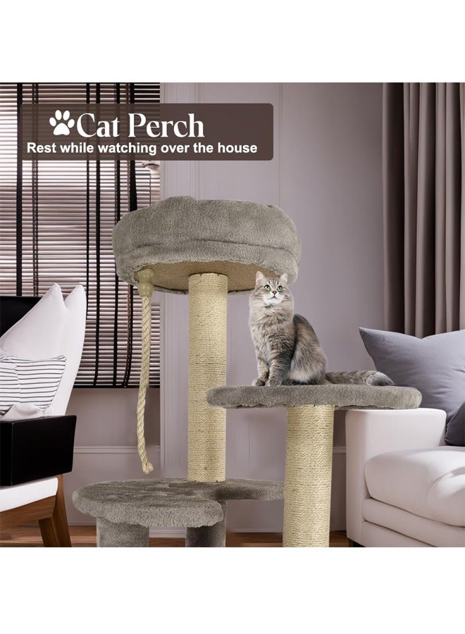Cat tree Modern Tower,Grey color cat tree, Suitable For Indoor Small Cats, Equipped With Sisal Grab bar, Plush Bed, Cat Climbing Frame With Hanging playing rope, Suitable For Kittens, 66cm high