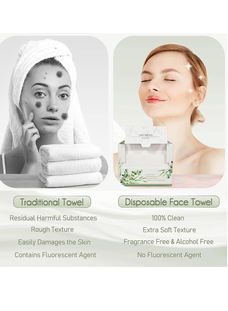 Disposable Face Towel Biodegradable Large Dry Wipes Extra Thick Soft Clean Facial Towels for Sensitive Skin Cleansing Nursing Travel Disposable Makeup Remover Wipes10×12 Inches 60 Count Box