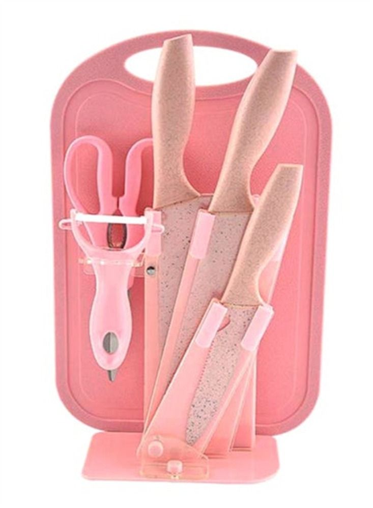 7Piece Wheat Straw Kitchen Knife With Cutting Board Set Pink