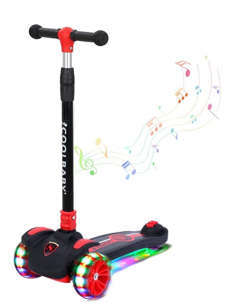 Kid's Scooter 3 Wheels Big Pedal Foldable Kick Scooter with Music, Height Adjustable with LED Light Wheels