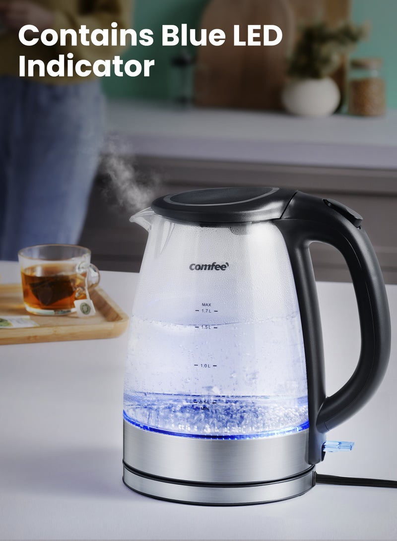 COMFEE' Glass Electric Tea Kettle & Hot Water Boiler, 1.7L, Cordless with LED Indicator, 2200W Fast Boil, Auto Shut-Off and Boil-Dry Protection