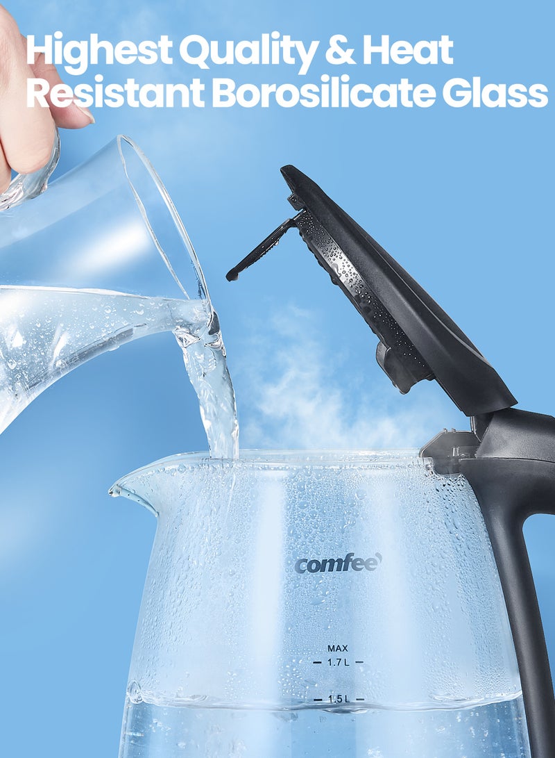 COMFEE' Glass Electric Tea Kettle & Hot Water Boiler, 1.7L, Cordless with LED Indicator, 2200W Fast Boil, Auto Shut-Off and Boil-Dry Protection