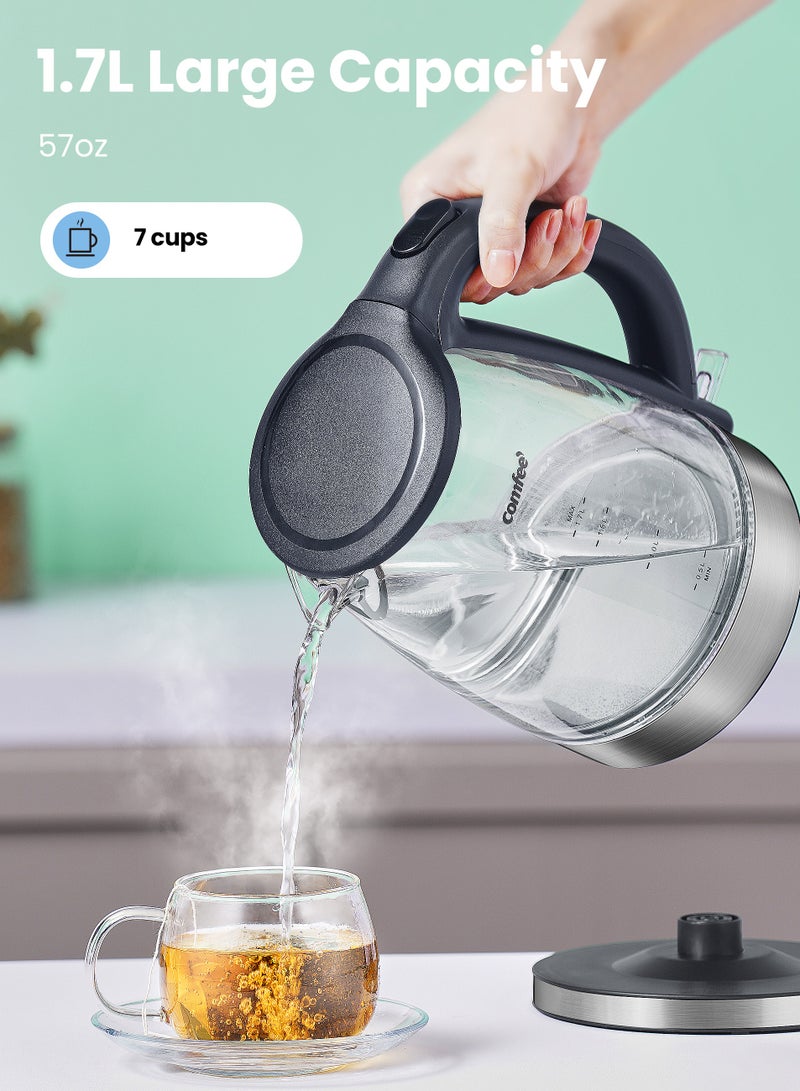 COMFEE' Glass Electric Tea Kettle & Hot Water Boiler, 1.7L, Cordless with LED Indicator, 2200W Fast Boil, Auto Shut-Off and Boil-Dry Protection