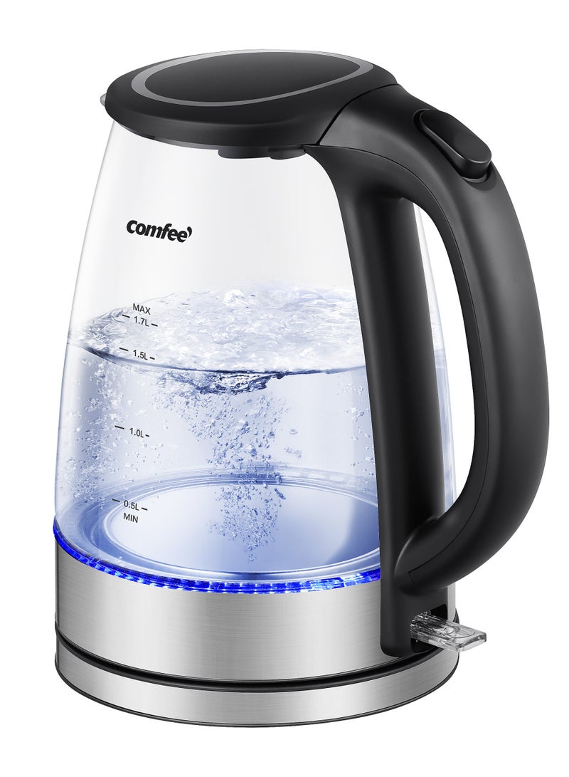 COMFEE' Glass Electric Tea Kettle & Hot Water Boiler, 1.7L, Cordless with LED Indicator, 2200W Fast Boil, Auto Shut-Off and Boil-Dry Protection