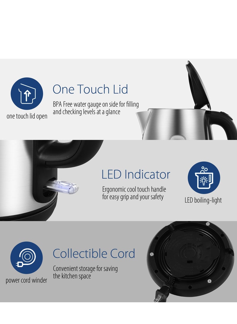 Stainless Steel Cordless Electric Kettle. 1500W Fast Boil with LED Light, Auto Shut-Off and Boil-Dry Protection. 1.7 Liter