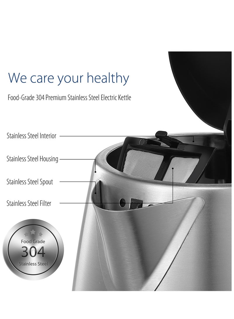 Stainless Steel Cordless Electric Kettle. 1500W Fast Boil with LED Light, Auto Shut-Off and Boil-Dry Protection. 1.7 Liter
