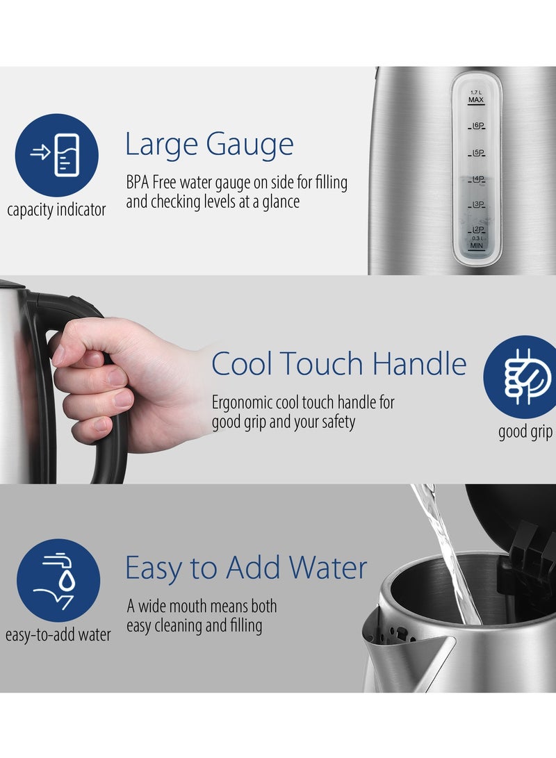 Stainless Steel Cordless Electric Kettle. 1500W Fast Boil with LED Light, Auto Shut-Off and Boil-Dry Protection. 1.7 Liter