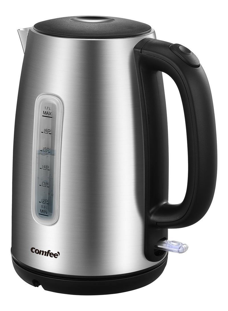 Stainless Steel Cordless Electric Kettle. 1500W Fast Boil with LED Light, Auto Shut-Off and Boil-Dry Protection. 1.7 Liter