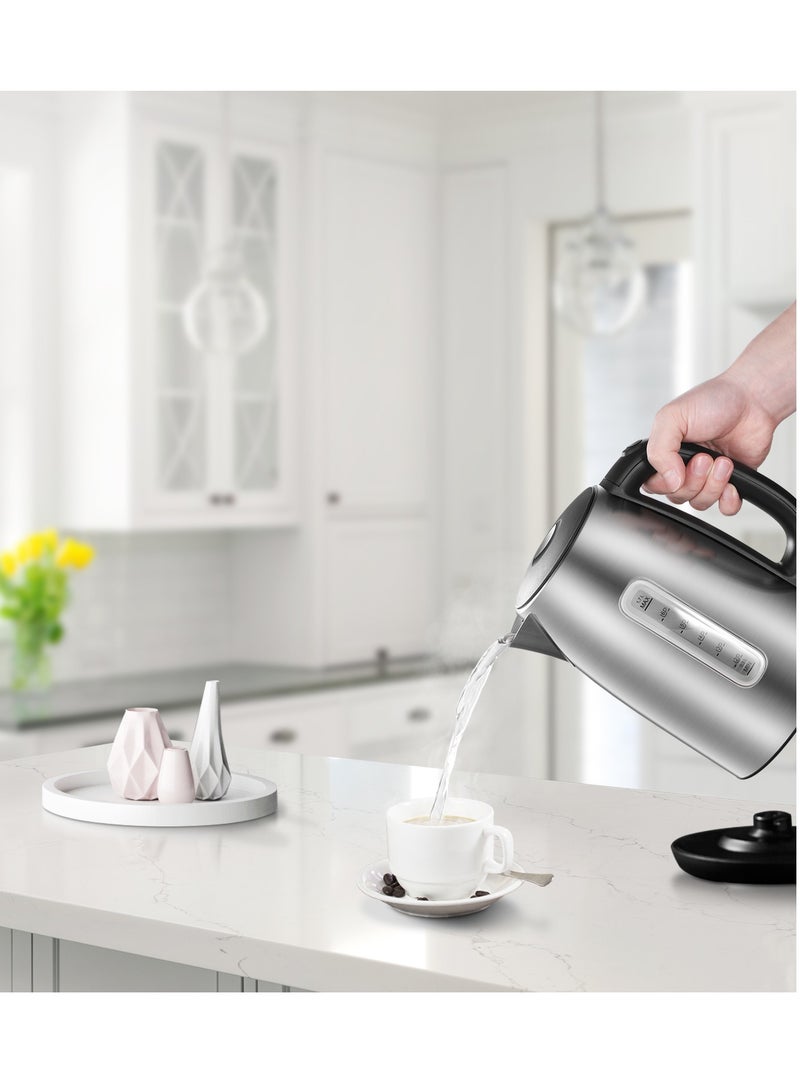 Stainless Steel Cordless Electric Kettle. 1500W Fast Boil with LED Light, Auto Shut-Off and Boil-Dry Protection. 1.7 Liter