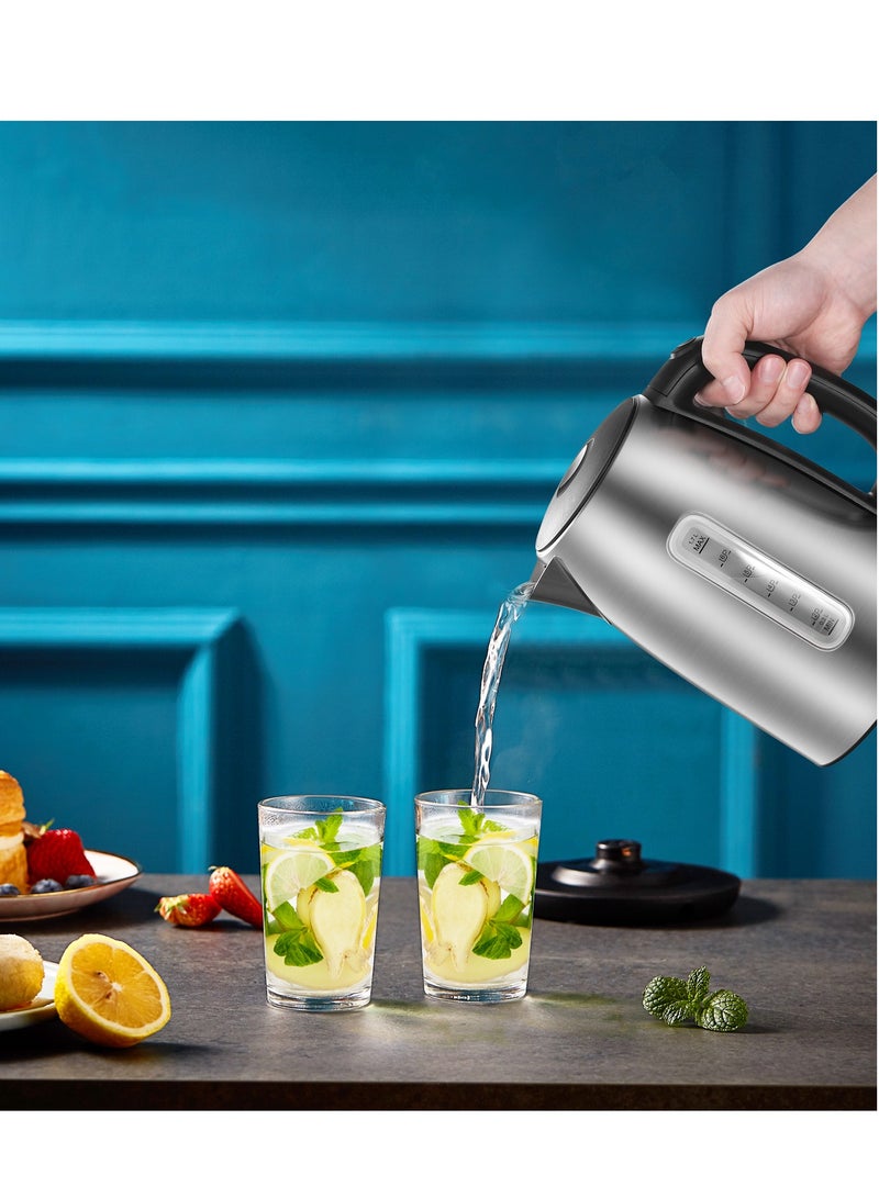Stainless Steel Cordless Electric Kettle. 1500W Fast Boil with LED Light, Auto Shut-Off and Boil-Dry Protection. 1.7 Liter